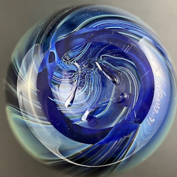 Vintage Randy Strong Signed Art Glass Vase 9.5” Iridescent Cobalt Pulled Feather - Picture 7 of 8